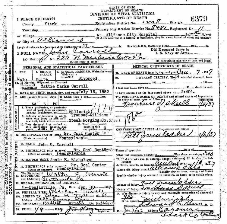 John Carroll death certificate